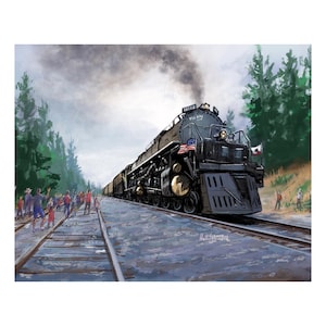 May include: A large black steam locomotive with the number "4014" and the words "Big Boy" on the side, pulling a train of boxcars. The locomotive is on a set of railroad tracks with a group of people standing on the side of the tracks watching the train go by.