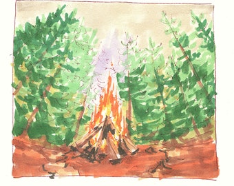 Fine Art Print - Oregon Landscape - Willamette National Forest - Camping - Campfire- Marker Sketch