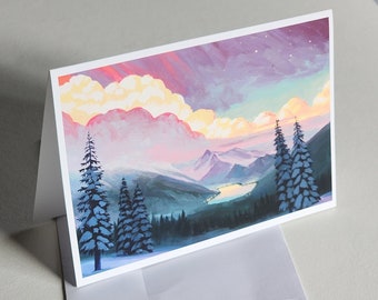 Folded Greeting Card With Envelope - Donner Lake, Truckee, Sierra Nevada Mountains, Evergreen Pine Trees, Snow, Winter, Nature, Painting