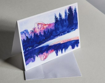 Folded Greeting Card With Envelope - Yosemite National Park, Half Dome, Merced River, Sierra Nevada Mountains, Nature, Watercolor