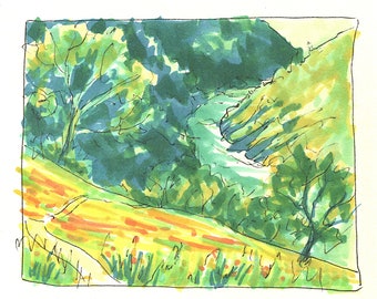 Fine Art Print - California Landscape - Mountains - Windy Point Trail - North Fork of the American River - Colfax - Marker Sketch