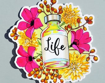 Life - Type 1 Diabetes Insulin Vial with Flowers Sticker