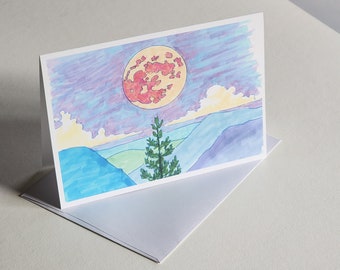 Folded Greeting Card With Envelope - Full Moon, Sierra Nevada Mountains, Evergreen Pine Tree, Nature, Marker Drawing