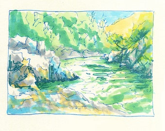 Fine Art Print - California Landscape - Mountains - Windy Point Trail - North Fork of the American River - Colfax - Marker Sketch