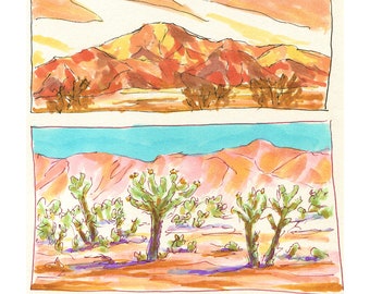 Fine Art Print - Joshua Tree National Park - Cactus Bloom - Southern California Landscape -  Marker Sketch