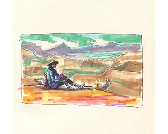 Fine Art Print - Southern California Landscape - Painted Canyon - Mecca Hills Wilderness - Hiker - Salton Sea -  Marker Sketch