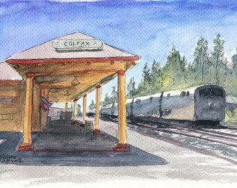 Original Watercolor Painting, Train Station, Downtown Colfax, California