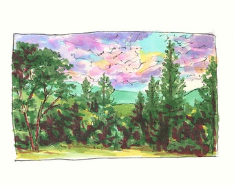 Fine Art Print - Northern California Landscape - Sierra Nevada Foothills - Mountains - Sunset - Colfax CA - Marker Sketch
