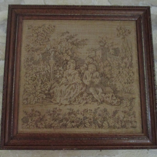 Tableau Tapisserie ancienne française ( Aubusson ?) avec son cadre , Belle dame et son courtisan