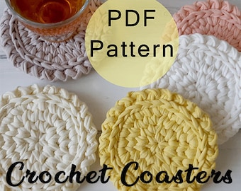 CROCHET PATTERN -  Crochet Coasters Pattern, Crocheted Coaster, Crochet Coaster Set, Tshirt Yarn Coaster, Housewarming Gift, Hostess Gift