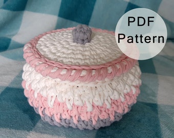 PDF crocet basket pattern Crocheted Basket with cover PDF Tutorial Mini Basket Round Basket from T-shirt Yarn with Lid Crocheted Storage