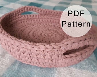 CROCHET PATTERN -  flat basket from T-shirt yarn, crocheted tray tutorial, storage for bath