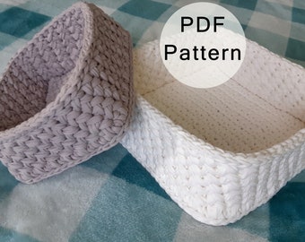 Mini storage basket CROCHET PATTERN -  Treat Square Basket from T-shirt Yarn, Candy Basket Pattern, Crocheted Bathroom Storage, PDF Tutorial