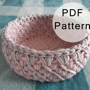 Crocheted Bowl PATTERN -  decorative basket from T-shirt yarn. PDF Tutorial of Storage mini Basket, Candy basket DIY