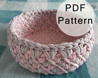 Crocheted Bowl PATTERN -  decorative basket from T-shirt yarn. PDF Tutorial of Storage mini Basket, Candy basket DIY