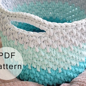 CROCHET PATTERN -  Crochet Basket Pattern, Large Basket with Handles, Big Storage Basket Pattern, Tshirt Yarn Basket, Crochet Storage Bin