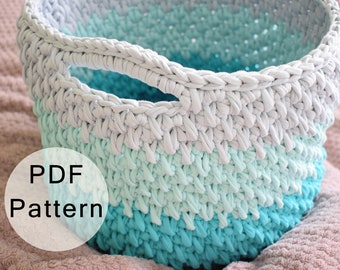 CROCHET PATTERN -  Crochet Basket Pattern, Large Basket with Handles, Big Storage Basket Pattern, Tshirt Yarn Basket, Crochet Storage Bin