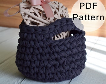 Mini Basket CROCHET PATTERN -  Small Decorative Basket from T-shirt Yarn Tutorial, Easy Crochet Basket PDF Pattern, crocheted decor