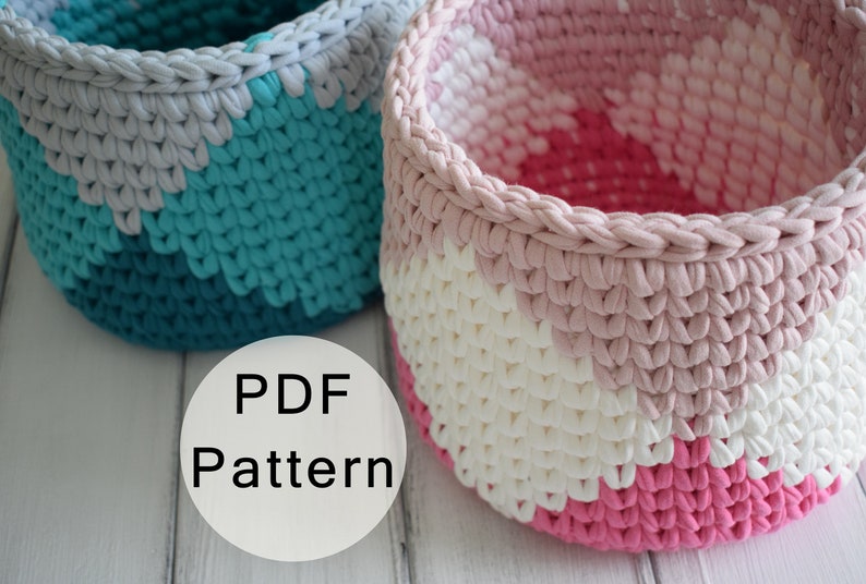 CROCHET PATTERN Crochet Basket Pattern, T-shirt Yarn Basket, Crocheted Basket, Tapestry Basket Tutorial, Tshirt Yarn Basket, Crochet Bowl image 1