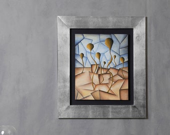 Sprouts by Cesar Vazquez | Rebirth | Desert | Curves vs Linear | Desert Plants | Cubism | Symbolism | Aluminium Sheet Frame | Oil painting |