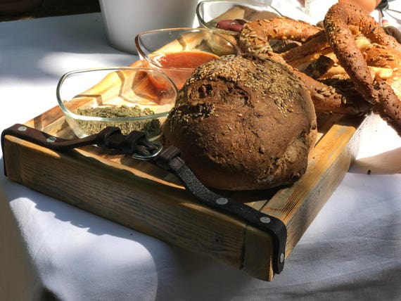 Wooden Tray With Leather Handles Breakfast Tray Cheese Etsy