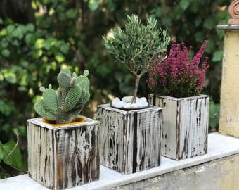 Rectangular Wooden Plant Boxes with Leather detail | Garden Deco | Flower pot | Candle Holder | Wooden Planter | Country Style Wooden Box