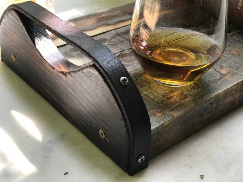 Wooden Serving Tray With Leather Handles Men's Gift Whiskey Cognac