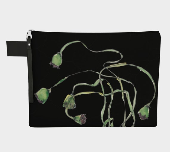 Green Poppy Seed Pods, black background, clutch, zipper carry all, purse, gadget bag, watercolour, botanical illustration, modern, dramatic