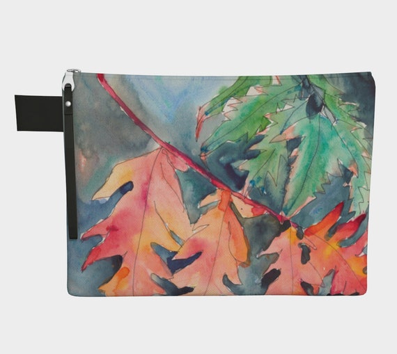 Orange Leaves Clutch, Zipper Carry All, gadget bag, purse, Modern, Watercolour, Navy, bold, fun