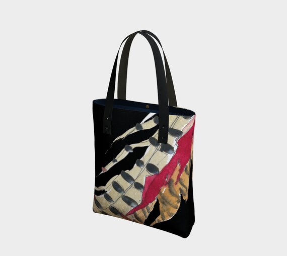 Red and Brown Feathers with Black, modern tote bag, statement bag, art to go, watercolour