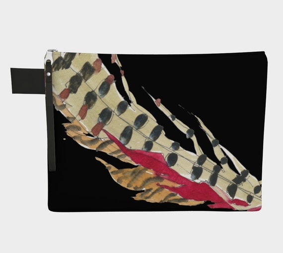 Red and Brown Feathers with Black background, clutch, zipper carry all, purse, gadget bag, watercolour, modern, art to go, statement bag