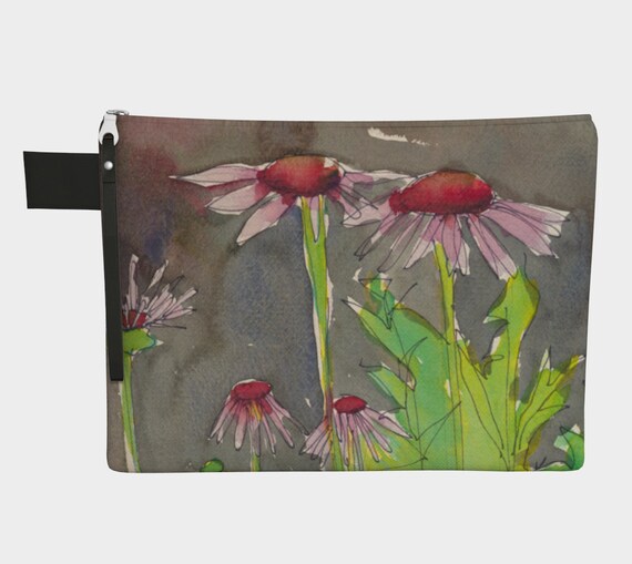 Pink & Red coneflower clutch, zipper carry all, gadget bag, watercolour, Coal Harbour, Vancouver