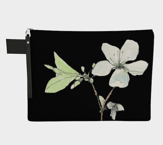 White Spring Blossoms Clutch, Zipper Carry all, statement bag, dramatic, sophisticated, bridesmaid gift, shower gift, shipping included