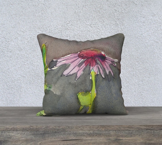 Pink and Red Coneflower, Echinacea, decorative pillow cover, gray background, water-colour, art pillow, accent pillow
