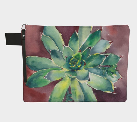Hens & Chicks Clutch, Zipper Carry-all, purse, gadget bag, Green, Terracotta, Watercolour, Succulents
