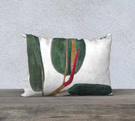 Dark Green Rubber Plant White background rectangle pillow cover, art pillow, accent pillow, botanical illustration, watercolor, bold