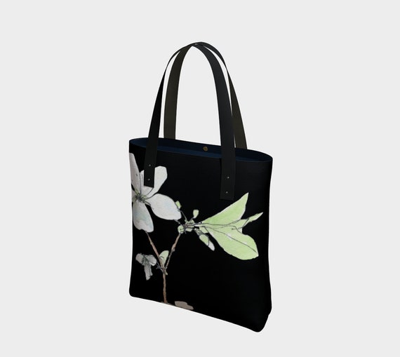 White blossoms bag, spring blossoms, dramatic, black and white, sophisticated, watercolour