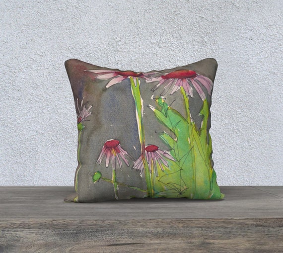 Red and pink Coneflowers, Echinacea, accent pillow cover, gray background, art pillow, watercolour