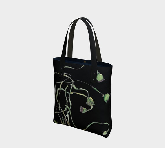 Poppy Seed Pods and Black tote bag, watercolour, botanical, art bag, statement tote, Modern Ukrainian, Modern Polish