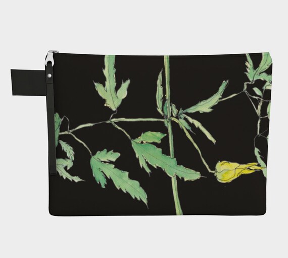 Yellow Clematis with green leaves and black background clutch, zipper carry all, purse, gadget bag, watercolor, botanical illustration,