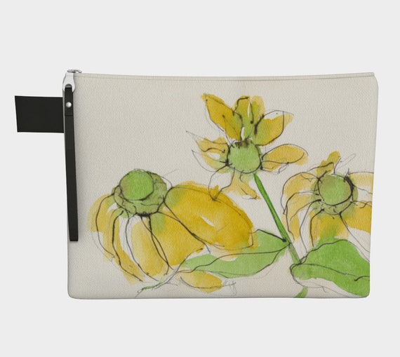 Yellow flower clutch, Zipper Carry all, purse, gadget bag, statement bag, botanical, watercolour, fashion