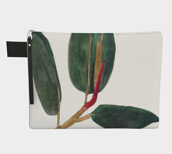Ficus Elastica white background, rubber plant, clutch, zipper carry all, purse, art to go, botanical illustration, water-colour, gadget bag