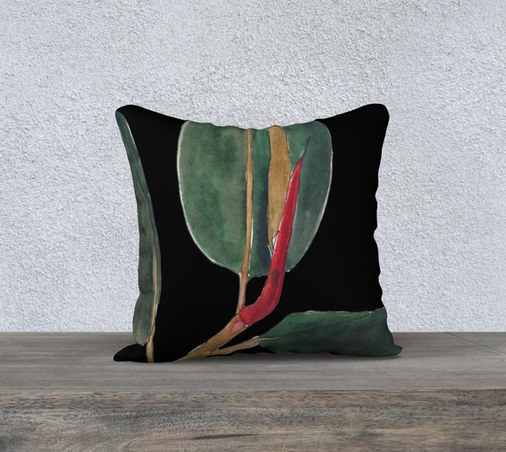 Dark Green Rubber Plant Black Background Square decorative pillow cover, accent pillow, botanical, watercolor, tropical, ficus