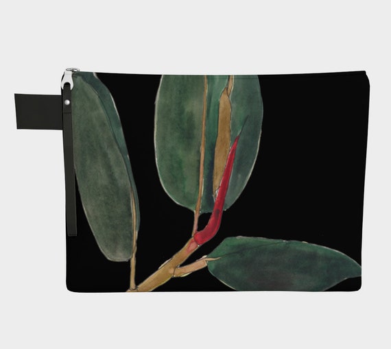 Ficus Elastica with black background, Rubber Plant, clutch, zipper carry all, gadget bag, statement bag, art to go, water-colour, botanical