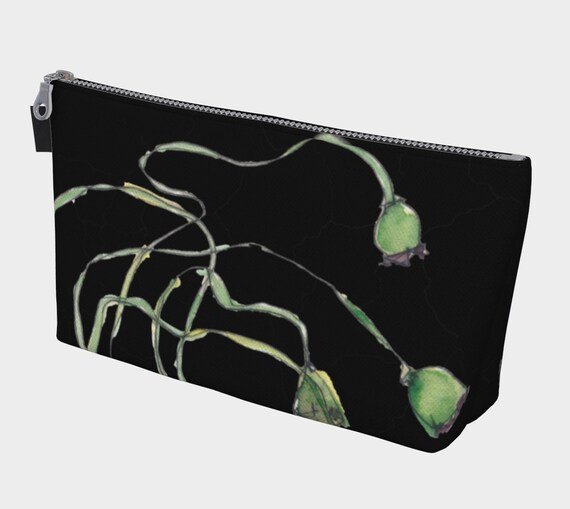 Poppy Seed Pods with black background toiletry bag, cosmetic bag, modern, watercolour, botanical, Ukrainian, Polish, art, work, gadgets