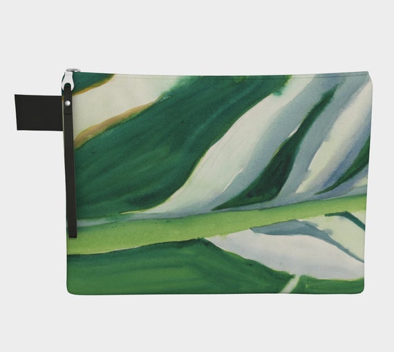 Fresh Green Variegated Leaves clutch, Zipper Carry-all, gadget bag, tropical, vacation, exotic, modern, Abstract Watercolour
