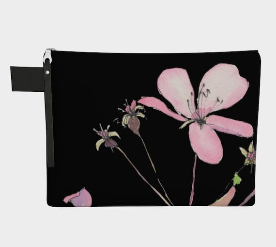 Pink Blossoms with black Clutch, Zipper Carry all, statement bag, dramatic, sophisticated, bridesmaid gift, shower gift, gadget bag