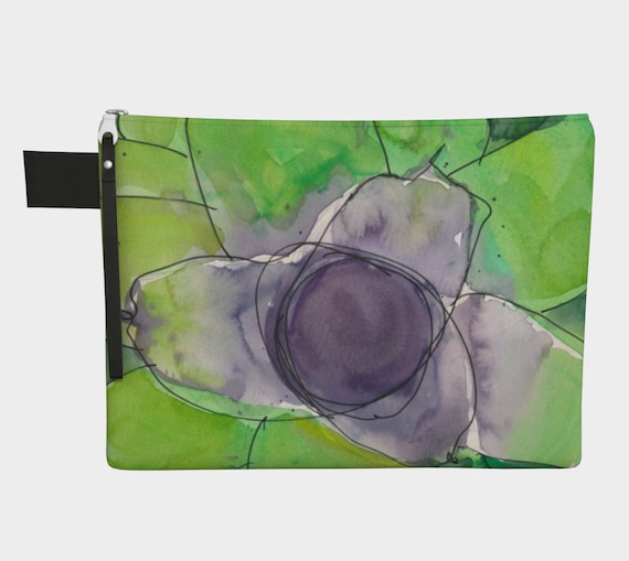 Green & Purple clutch, Zipper Carry-All, gadget bag, bromeliad, exotic, modern, watercolour, slime green, abstract watercolour, tropical
