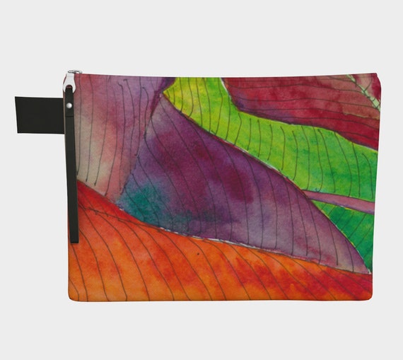 Colourful Leaf Abstraction Clutch, Zipper Carry All, gadget bag, modern, abstract, bright, bold, fun, botanical illustration, leaf, foliage