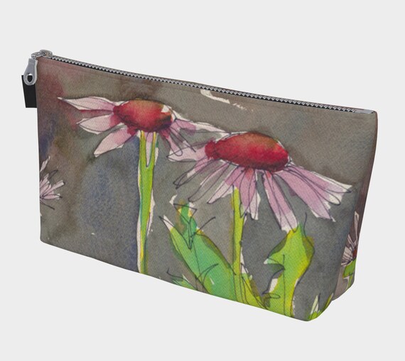 Pink & red coneflower toiletry bag, makeup bag, modern watercolour, Coal Harbour, Vancouver